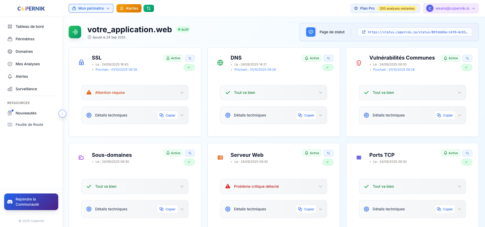 Interface du tableau de bord Copernik